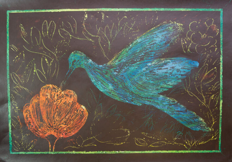 Kolibri, Sgraffito auf Papier. 70x50cm * Hummingbird, sgrafitto on paper, 27.5x20in © 2014 by Jutta Blühberger www.juttabluehberger.at